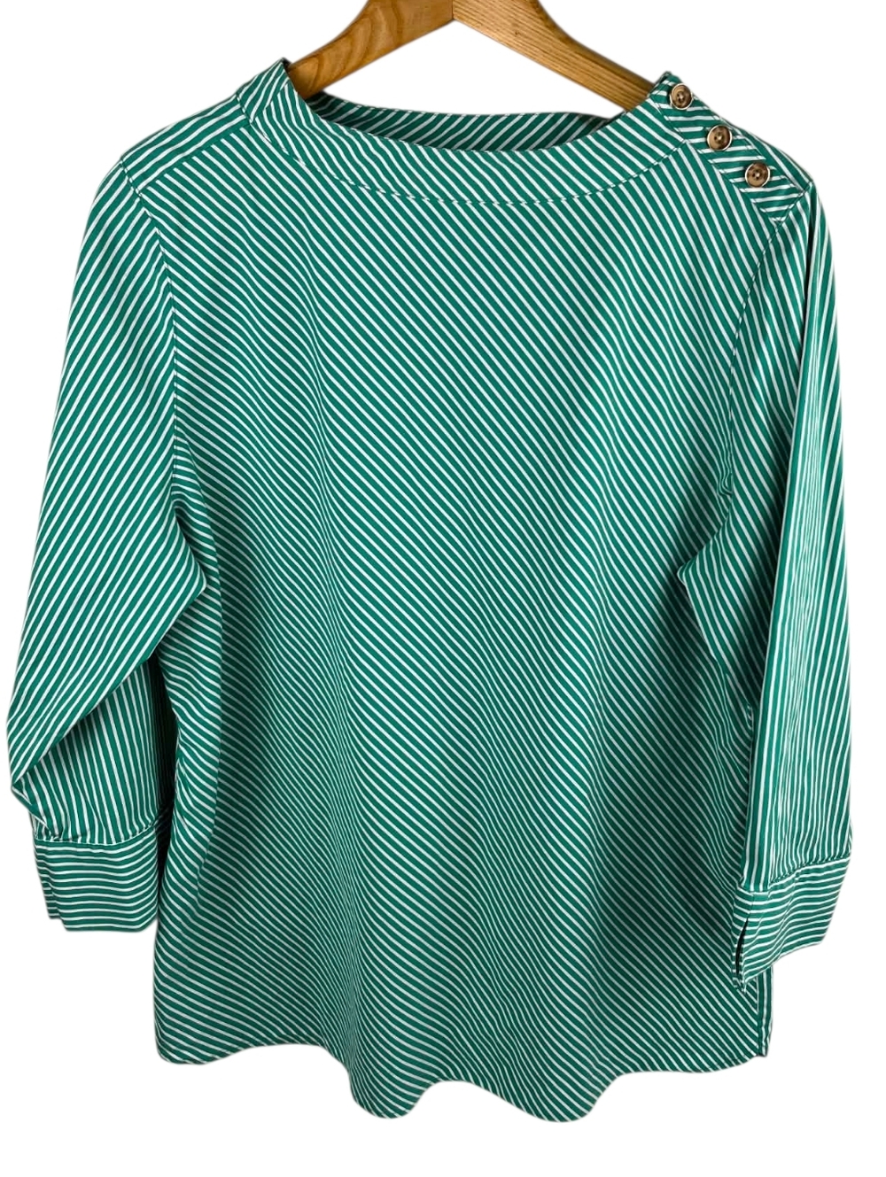 Chico's Green & White Striped Button Shoulder Top - (XL). #283